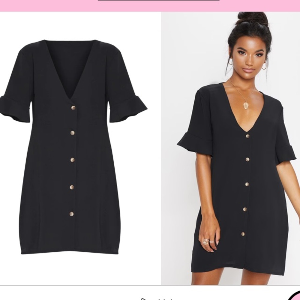 NWT Pretty Little Thing Black Oversized Button Front Shirt Dress Women Size 6